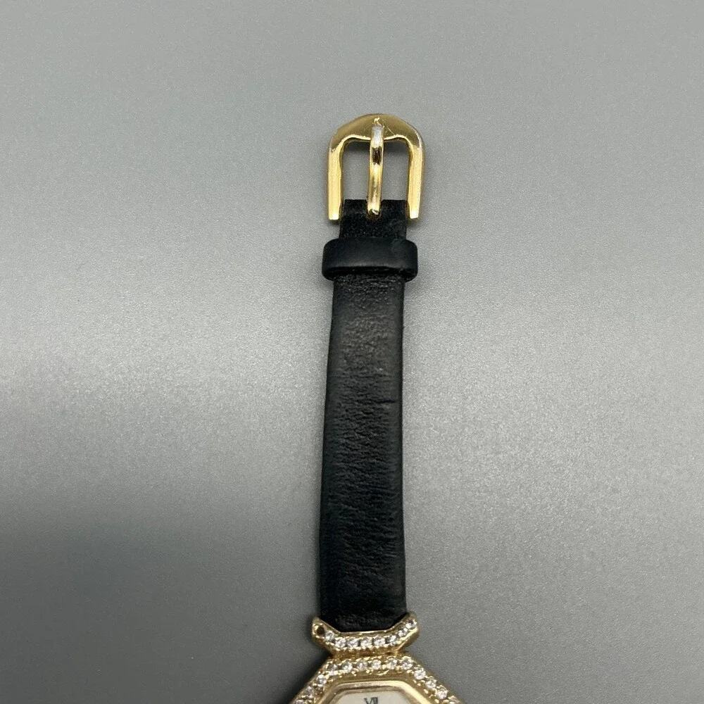 Allegro Womens Watch 22mm White Dial 14K Diamond Bezel Black Leather New Battery